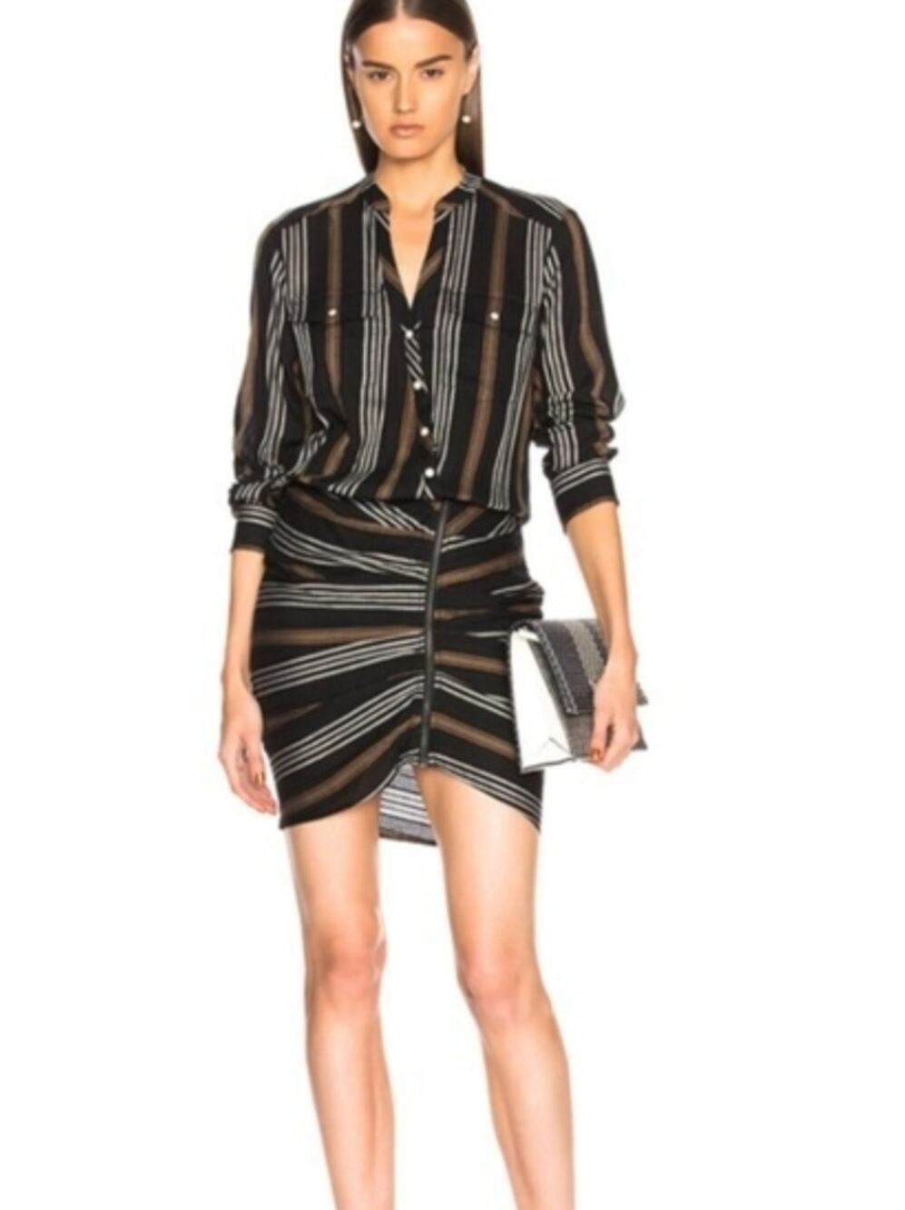 Veronica Beard Emory Striped Ruched Cargo Shirt Dress Snap Black Brown Size 2